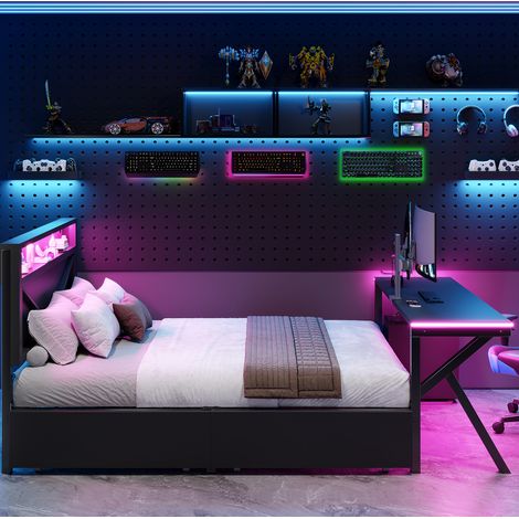 Lit plateforme 140/200 cm noir en métal et MDF avec tête de lit LED, bureau LED et 2 tiroirs (1/5)
