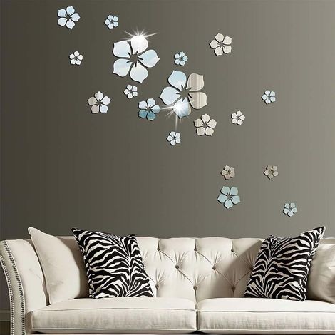 Autocollants muraux fleurs argentées, 18 pièces, autocollants muraux miroir acrylique amovibles, décoration d'intérieur, autocollants muraux fleurs 3D pour salon, chambre à coucher, bureau (1/5)