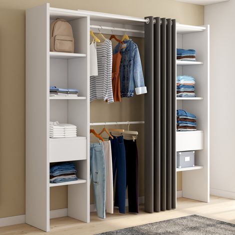 MERYL 120/180 x 180 cm blanco y gris armario doble extraíble con cortina + doble espacio para colgar + estantes (1/5)