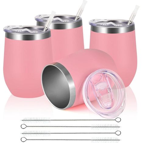 Verres à vin sans pied en acier inoxydable 12oz avec couvercle, lot de 4, rose (1/5)