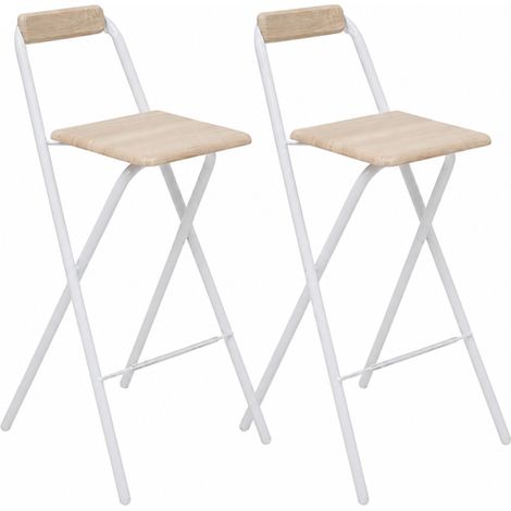 Lot de 2 Chaises de Bar Pliables en Métal Blanc et Assise effet chêne - Livraison gratuite (1/5)