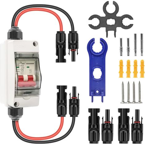 1 - Disjoncteur DC - Boîtier Étanche IP65 - 2 Pôles 32 A 500 V pour Installation Photovoltaïque et Solaire - ABS Gris - Câble 26 cm