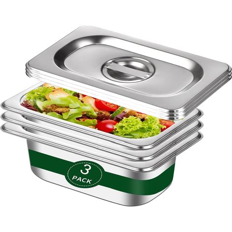 Ensemble de 3 Plats Bac Gastro Inox, Boite Inox Alimentaire Avec Couvercle GN 1/3 Empilables, Idéal pour Viande, Marinade et Rangement - 32.5 x 17.5 x 6.5 cm (1/5)