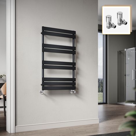 Elegant 1000 x 600mm Heated Towel Rail Black Radiator, Flat Panel Design Tower Hanger, Wall Mounted Ladder + Angled Radiator Valves (1/5)