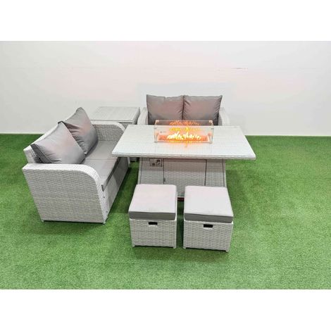 Fimous 6 Seater Outdoor Love Sofa Set Rattan Garden Furniture Set with Firepit Dining Table 2 Small Stools Side Table Light Grey (1/4)