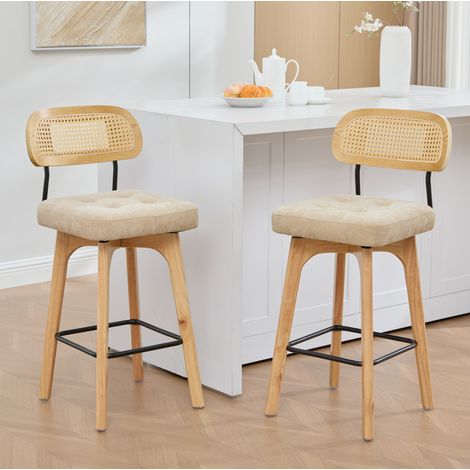 Lot de 2 tabourets de bar pivotants 360° avec dossier en rotin, assise chenille kaki 67,5 cm REDOM (1/5)