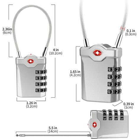 Code 4 Chiffres Cadenas Bagage pour Valise Voyage Cadenas Casier Collège avec Fonction d'alerte Bagages Ouverts et Cable en Acier (Argent)-1 article (1/4)