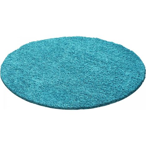 Tapis poils longs shaggy Ø160cm turquoise tissé rond motif uni UNI L (1/4)