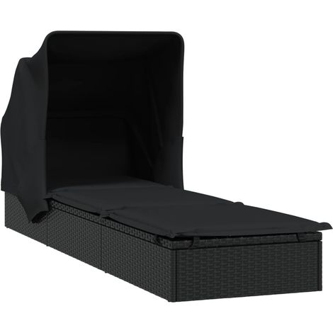 Transat chaise longue bain de soleil avec toit pliable 213 x 63 x 97 cm résine tressée noir (1/5)