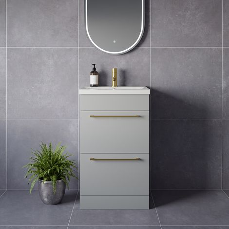 Napoli 390 Gloss Grey Pearl 500mm 2 Drawer Vanity Unit with Glide Basin - 500mm - Brushed Brass 320mm Handle