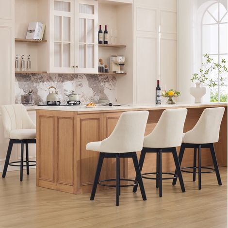 Taburete de bar giratorio (60x54x44 cm), con respaldo, reposapiés, tapizado en chenilla beige (1/5)