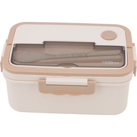1500ml boîte repas isotherme plastique résistant chaleur bento portable avec baguettes cuillère étudiants beige (1/5)
