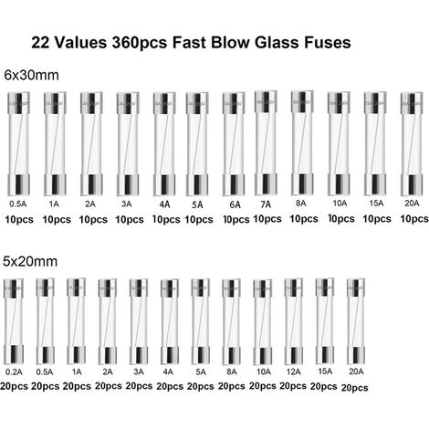 Kit de 360 fusibles en verre (0,25 A à 20 A, 24 types, 6 x 30 mm et 5 x 20 mm) pour la protection des circuits (1/5)