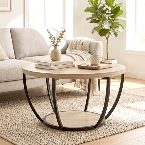 Table basse ronde pour salon avec étagère de rangement et structure en métal, 80 x 80 x 43,8 cm, chêne (1/5)