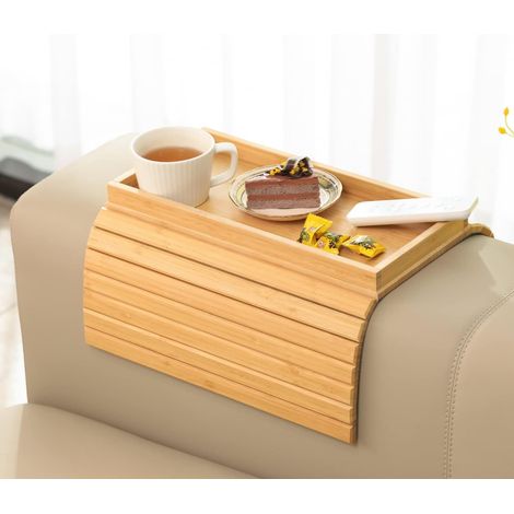 Plateau d'accoudoir de canapé en bambou, tablette d'appoint pliable avec porte-gobelet, plateau antidérapant pour collations, boissons, téléphone et télécommande. (1/5)
