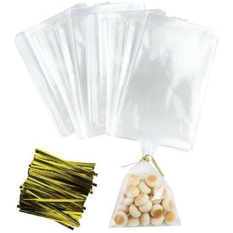 FENOPLASTICA200 Pièces Sachet Plastique Transparent Bbonbon, 15x20cm Sachet Transparent Bonbon, Sachet Biscuit Transparent avec Liens Torsadés, Sachet Plastique Bonbon Convient pour Biscuits Bonbons C (1/5)