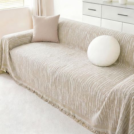 Boho Chenille Sofa Cover, Protection Sofa with Washable Fringes, Sofa Cover AB Face Protector for 2 Seater Corner Sofa, Multi-Stage Sofa Throw for Living Room, Coffee Shop (Khaki, 180 x 260 (1/5)