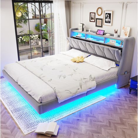 Lit rembourré classique 180x200 cm velours gris clair avec tête de lit rabattable, prises USB/Type-C, LED et rangements (1/5)