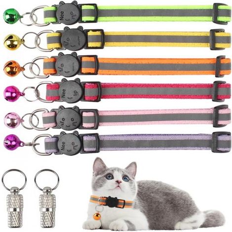 Collier Chat Réfléchissant - Fermoir Sécurité Libération Rapide - Nylon Ajustable 19-32 cm - 6 Pièces