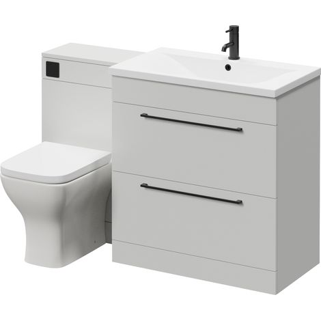 Napoli 460 Gloss Grey Pearl 1300mm 2 Drawer Vanity Unit Toilet Suite with Glide Basin - 1300mm - Matt Black 480mm HandleWith Kingston Toilet Pan and Seat