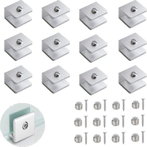 Set di 12 morsetti per vetro, supporto regolabile per pareti divisorie in vetro, montaggio a parete per vetro da 6-8 mm, staffe per mensole in alluminio (con viti) (1/5)
