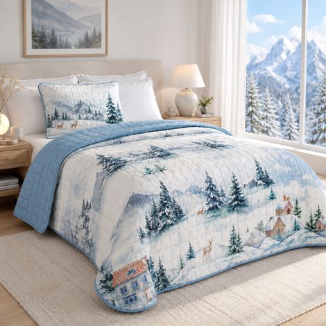 Couvre-lit paysager de montagne matelassé bleu en microfibre demi-saison OEKO-TEX fabriqué en Italie 260x260