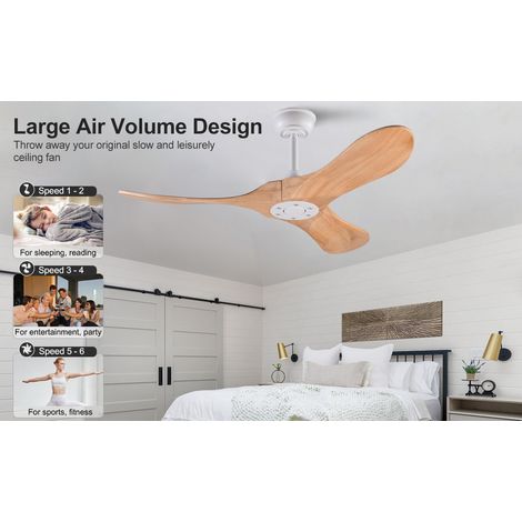 Ventilateur de plafond 42 pouces à 3 pales en bois naturel avec télécommande et fonction mémoire, silencieux, pour intérieur et extérieur (1/5)