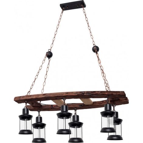Lampada a sospensione rustica “Finca” a sei luci 6xE27 IP20 60-90x78x40cm colore nero e legno