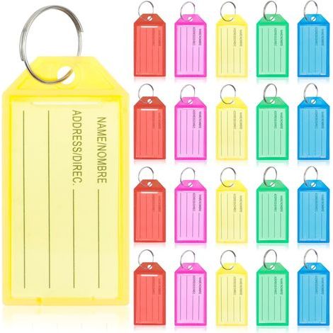 Sleutelhanger-tags 20 stuks, plastic sleutelhangers met gevoerde blanco papieren tags Doorzichtige omslagen en splitringen Stevige artikelidentificaties, 5 kleuren (1/5)