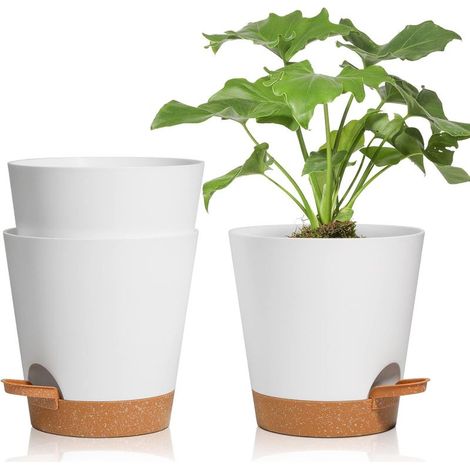 3 Pcs Pots de Fleurs, Blanc 16.5cm Auto Arrosant, Pot Plante Intérieur de Système d'arrosage (1/5)