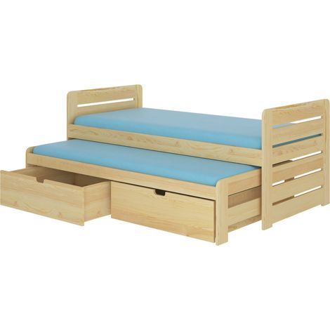Lit gigogne pin vernis naturel 2 couchages 90x200 avec 2 coffres de rangement Balina (1/5)
