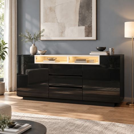 Aparador de salón negro con LED, 2 puertas, 3 cajones y estantes semiabiertos, 140x40x68 cm, frontal brillante y almacenaje organizado para hogar moderno – CHICFURN (1/5)