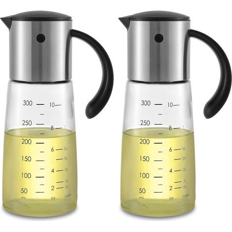 Juego de 2 botellas de vidrio para dispensar aceite de oliva - Recipiente para condimentos con sistema basculante automático, tapa y cierre automáticos - 300 ml (1/5)