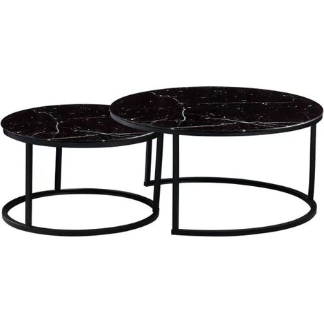 Lot 2 Tables Basses Gigognes ARTO Rondes Plateau Verre Trempé Marbré Noir Métal Noir D80/D60