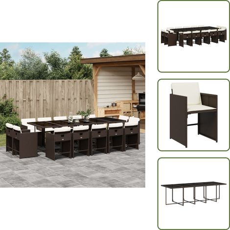 The Living Store Ensemble à manger de jardin avec coussins 15 pcs marron rotin - Salon De Jardin - Meuble De Jardin - Set De Jardin - Table De Jardin - Chaises De Jardin