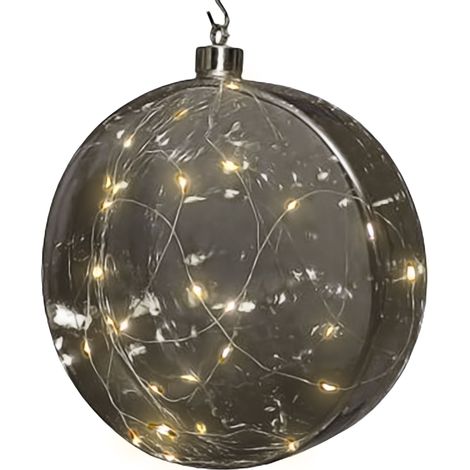 LED Glas Disc 12 cm warm weiß beleuchtet - transparent grau - Weihnachtsdeko Kugel Batterie betrieben mit Timer - Weihnachten Advent Deko Beleuchtung Stimmungslicht
