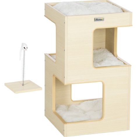 Cueva para gatos de varios niveles de madera y felpa con ratón, 34 x 34 x 60 cm (1/4)