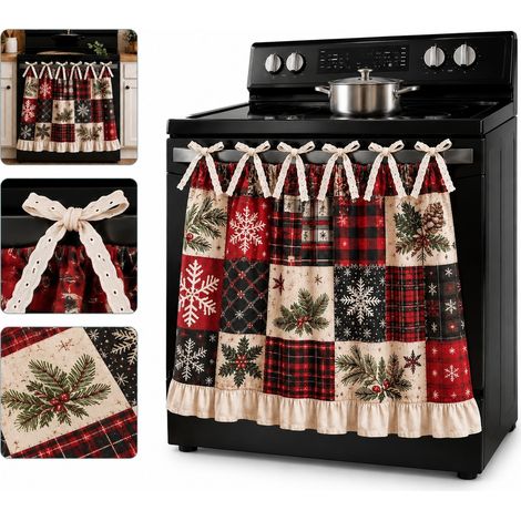 Rideau de Four Motif Noel en Coton et Lin Rouge et Noir 54 x 76 cm Decoration de Noel pour Cuisine et Interieur (1/5)