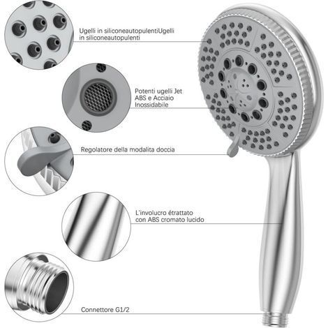 Pommeau de douche + flexible en acier de 2 m, jet multifonction haute pression 5 fonctions, pommeau de douche anticalcaire en ABS chromé avec buse argentée (1/4)