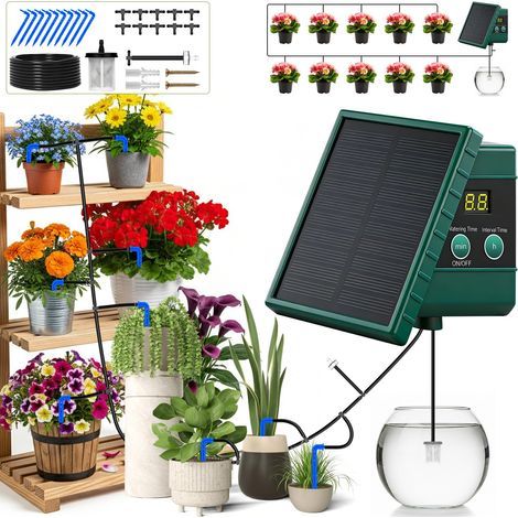 Système d'arrosage automatique solaire pour plantes de jardin, balcon et extérieur - écologique, programmable, sans entretien. (1/5)
