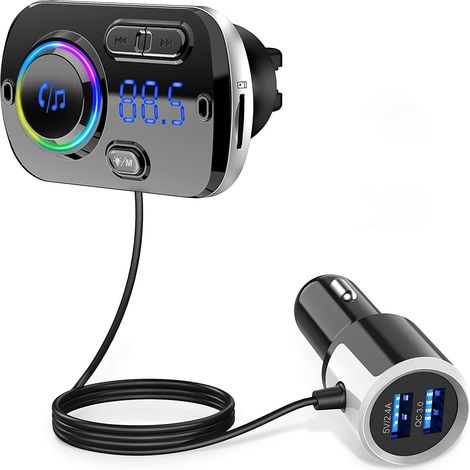 Émetteur FM, kit mains libres Bluetooth 5.0 avec charge rapide, adaptateur autoradio QC 3.0 avec microphone, réduction du bruit CVC