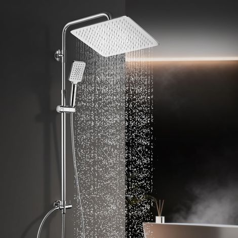 Colonne de douche en acier inoxydable sans mitigeur robinet, Ensemble de douche pluie avec barre de douche réglable en hauteur, pommeau 30x30 cm chromée (1/5)
