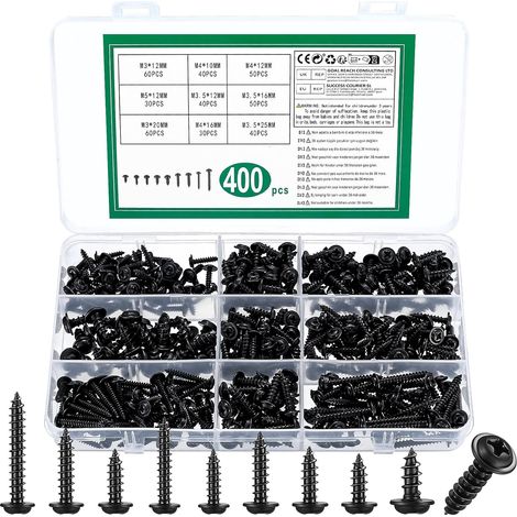 400 Pièces Vis Autotaraudeuse, M3 M3.5 M4 M5, Vis à Tête Cylindrique Cruciforme, Visser à Tole à Tête Plate a Bois Autoforeuses Autoperceuses pour Métal Plastique (1/5)