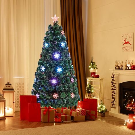 COSTWAY Albero di Natale 90/120/150/180 cm, Albero di Natale con Luci LED, Rami Densi, Stelle Luminosi e Fibre Ottiche, Albero di Natale Realistico e Denso per Casa, Ufficio e Negozio, Verde (120 cm) (1/5)