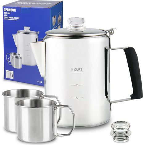 Coffee Percolator with Heat Resistant Borosilicate Glass Knob and Flame-Proof Silica Handle, Stainless Steel Multi-Use Coffee Machine with 2 Cups to Use on (1/5)