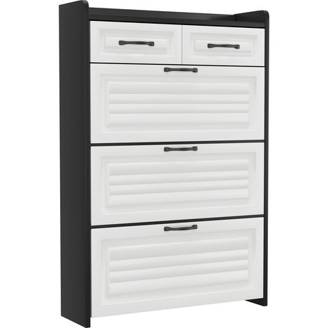 Armoire à chaussures pivotante avec 3 volets et 2 tiroirs, bois blanc et noir, 80x23,5x131 cm (1/5)