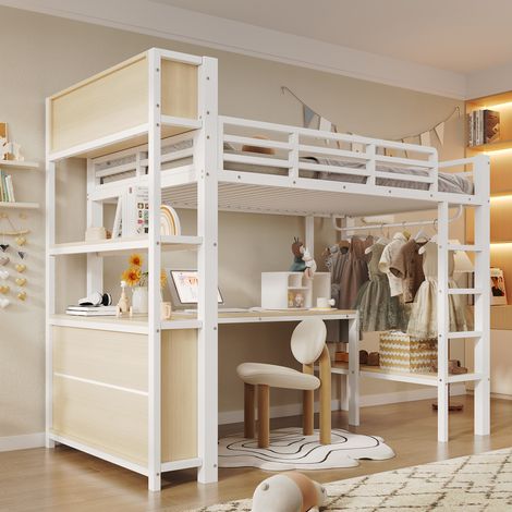 Letto soppalcato 90 x 200 cm con scrivania, armadio e ripiani, bianco HAVRYA (1/5)