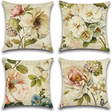 Sollbry Imperméable Housse de Coussin, Lot de 4 Extérieur Fleurs Vintage Canapé Taie d'oreiller pour Patio Jardin Salon Chambre Décoration, 45x45cm