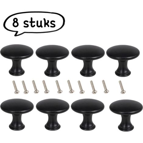 Set de 8 poignées rondes en alliage d'aluminium avec un seul trou pour tiroirs et portes d'armoire, fixation incluse avec 4 vis de 20 mm, couleur noire (1/5)