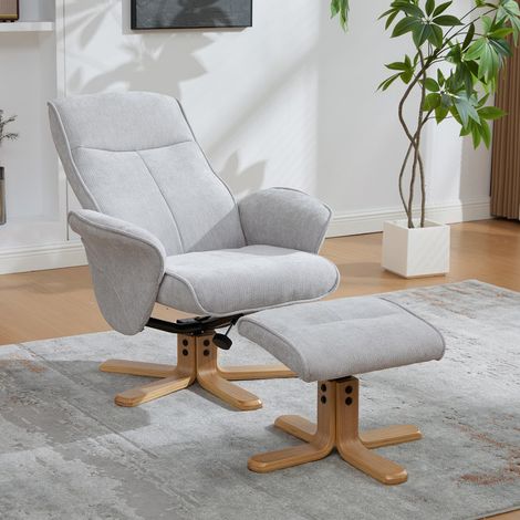 Fauteuil relaxant scandinave multifonctionnel pivotant avec repose-pieds – Tissu chenille – Socle en bois massif avec support métal – Couleur gris – Pour salon, chambre ou espace détente